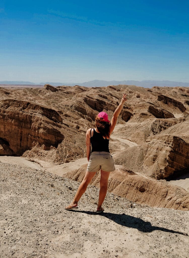 Kobieta stojąca na skraju formacji badlands w pustynnym parku Anza-Borrego, z ręką uniesioną w stronę panoramy Doliny Coachella.