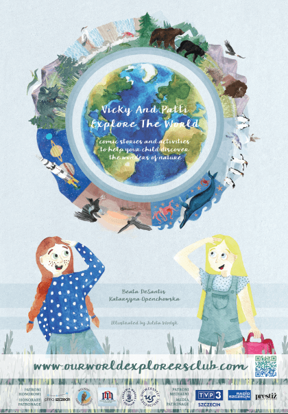 Okładka książki edukacyjnej dla dzieci „Vicky and Patti Explore the World” — ilustracje natury, zwierząt i bohaterek.